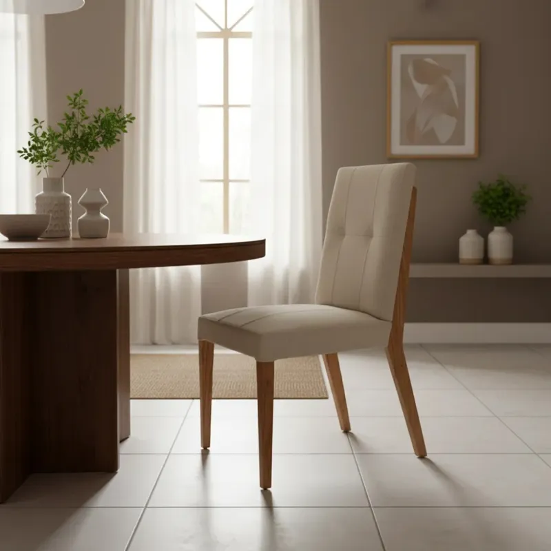 SILLA ALTA - MADERA CINAMOMO - TAPIZADO BEIGE TRAMADA en Madera natural - Sillas, Uruguay | Champagne Home