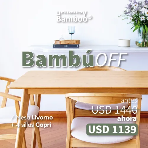 Mesa Livorno + 4 sillas Capri en Madera natural - Muebles, Uruguay | Uruguay Bamboo