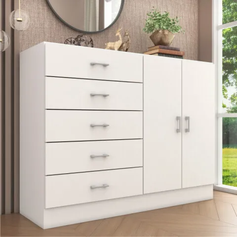 Cómoda Cajonera para Dormitorio de 5 Cajones 2 Puertas y 1 Estante interno - FE - Blanco en Blanco - Cómodas, Uruguay | Mulata