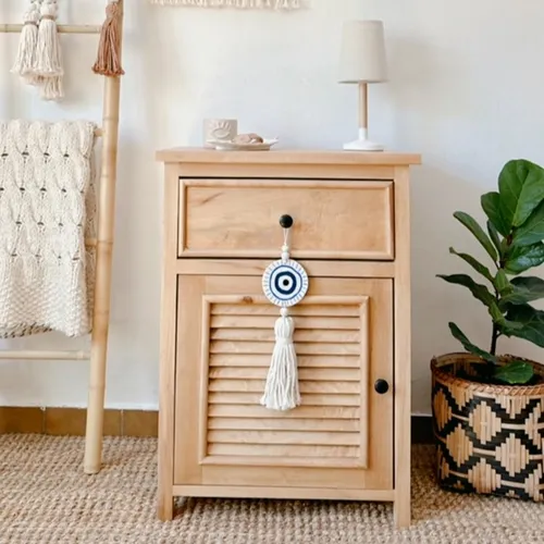 Mesa de luz con cajón y puerta en Madera natural - Mesas de luz, Uruguay | Decoramuss