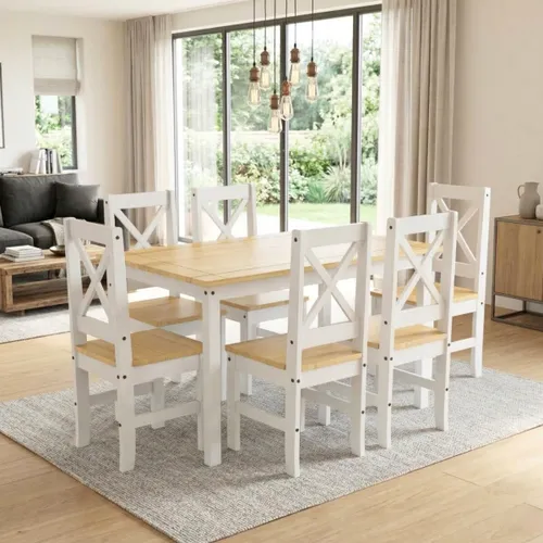 Juego de comedor 6 sillas - Madera maciza - Cruceta - Blanco en Blanco - Mesas de comedor, Uruguay | Rústico Hogar