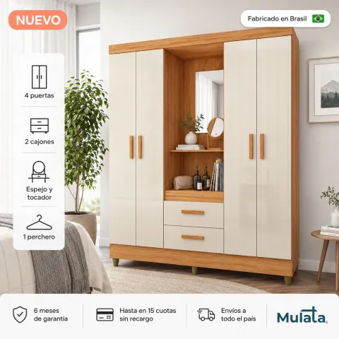 Ropero Vetro 4 Puertas 2 Cajones con Espejo, Perchero y Tocador 150cm MDP - Cinamomo Off White - Roperos y placares, Uruguay | Mulata