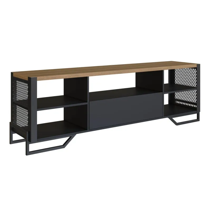 RACK TIPO INDUSTRIAL 183X57X40 1 CAJON NEGRO C/ TAPA MIEL en Multicolor - Muebles para TV, Uruguay | Champagne Home