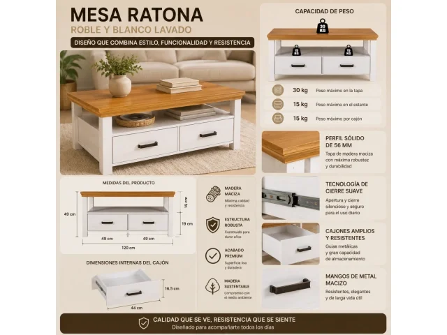 Mesa de centro con nicho y dos cajones en Madera natural - Sillones y sofás, Uruguay | Que Sal Muebleria