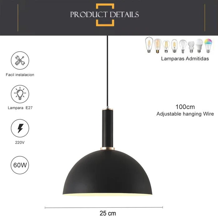 Luminaria lampara colgante 25cm Negro en Negro - Lámparas colgantes, Uruguay | Decotech, vista 3