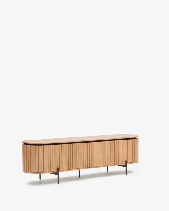 Mueble TV Licia 4 puertas de madera maciza de mango y metal pintado negro 200 x 55 cm en Madera natural - Muebles para TV, Uruguay | Kavehome