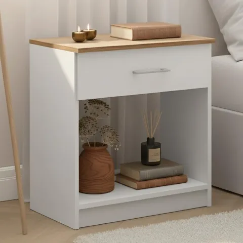 Mesa de Luz Italia - 1 Cajón y Nicho - MDP y ABS - 55cm Alto - Blanco / Miel en Multicolor - Respaldos de cama, Uruguay | Mulata