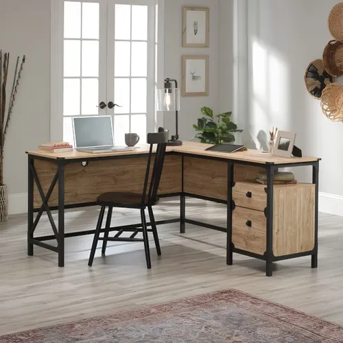 Escritorio Esquinero en L - Sauder - Linea Steel River en Madera natural - Escritorios, Uruguay | Rústico Hogar