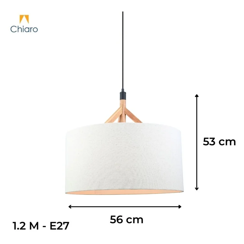 Colgante pantalla de tela natural y detalles en madera 56cm en Blanco - Lámparas colgantes, Uruguay | Iluminica, vista 3