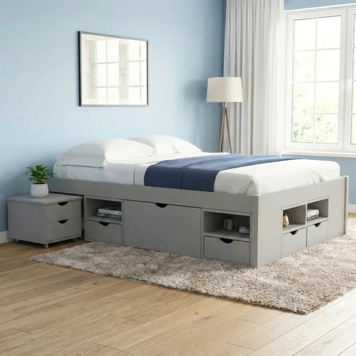 Cama Madera Maciza Con Cajones - 2 Plazas - Gris en Gris - Dormitorio, Uruguay | Ecowood