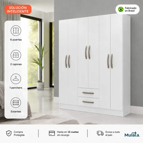 Ropero Armario 6 puertas 2 cajones con estantes y perchero interior natural 172X136X35 - Blanco en Blanco - Roperos y placares, Uruguay | Mulata