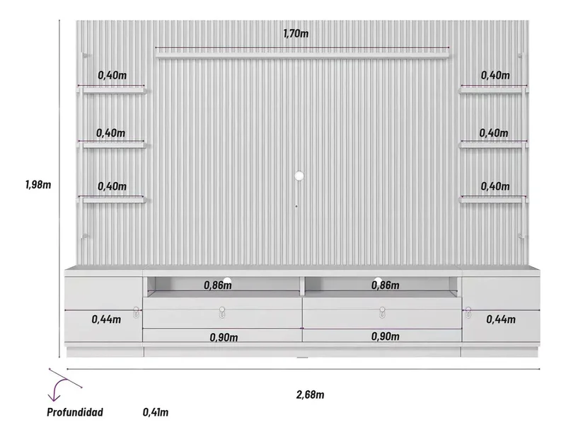 Rack con Panel Ouro Listones de madera y Led 268cm MDF/MDP en Madera natural - Muebles para TV, Uruguay | Balton, vista 8