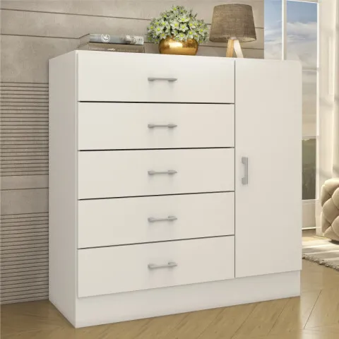 Comoda Cajonera para Dormitorio de 5 Cajones 1 Puerta y 1 Estante interno - FE - Blanco en Blanco - Cómodas, Uruguay | Mulata