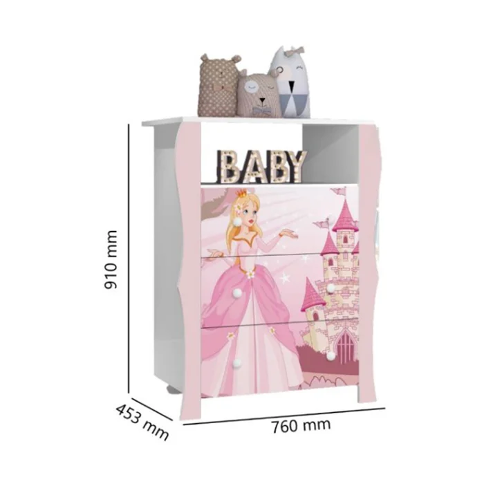 Comoda Para Niños 3 Cajones 1 Estante Infantil Princesa en Rojo/negro/blanco – Rosado/blanco - Cómodas, Uruguay | Soy Hogar, vista 2