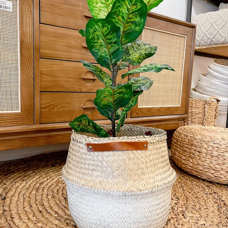 Canasto Natural con Asa de Cuero Corta con Blanco en Madera natural - Canastos, Uruguay | Indrana