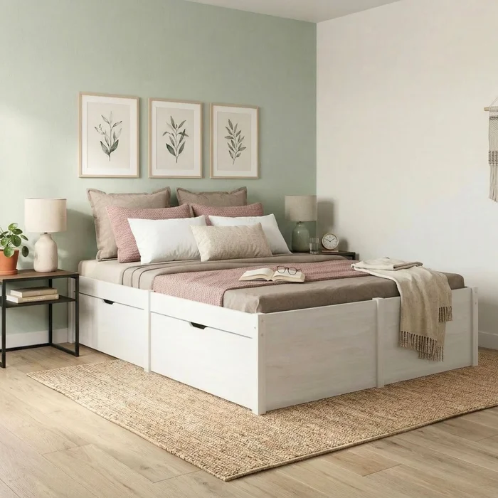 Cama Madera Maciza Con Cajones - 2 plazas - Linea Beauty - Blanco en Blanco - Dormitorio, Uruguay | Rústico Hogar, vista 2