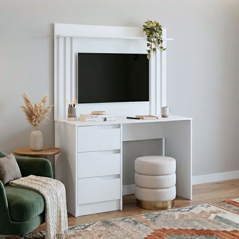 Escritorio 3 Cajones con panel para TV - Infinite en Blanco - Escritorios, Uruguay | Rústico Hogar