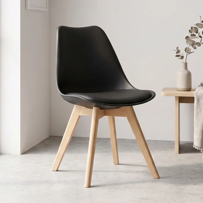 Silla Eames Tapizada Eco Cuero Acolchada Patas Madera - Negro en Negro - Sillas, Uruguay | Rústico Hogar
