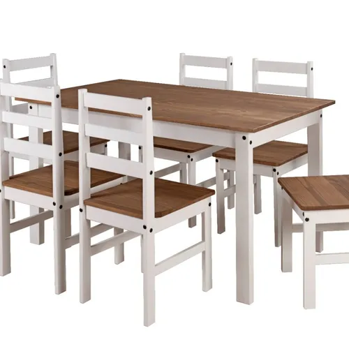 JUEGO DE COMEDOR 6 SILLAS PINO BLANCO 140X80 en Blanco - Mesas de comedor, Uruguay | Alfa Ventas