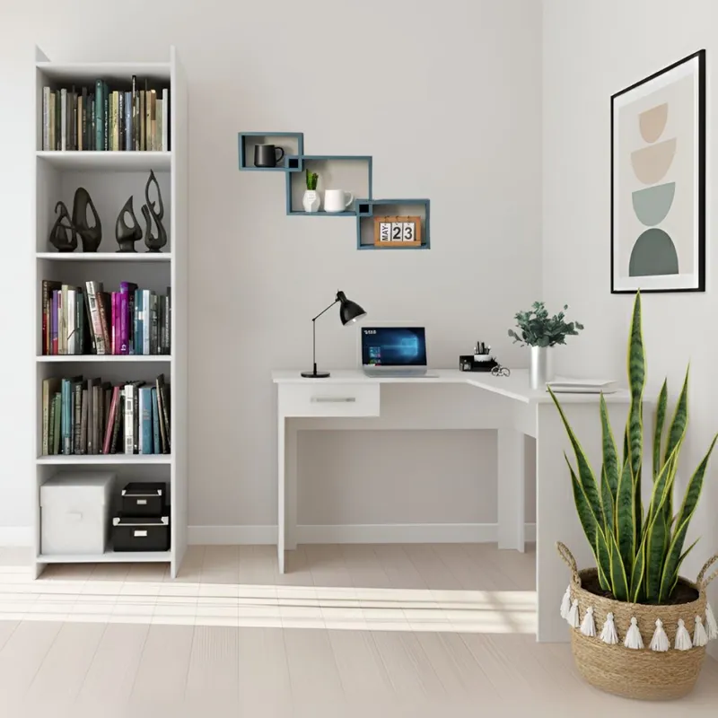 Promo Escritorio Esquinero + Biblioteca 5 Estantes - Blanco en Blanco - Bibliotecas, Uruguay | La Cueva Muebles