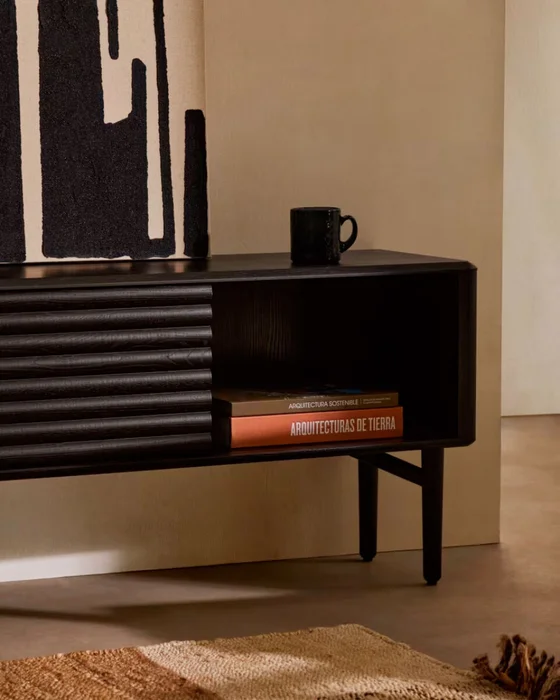 Mueble TV Lenon 200 x 57 cm de madera maciza y - chapa de roble negro en Negro - Muebles para TV, Uruguay | Kavehome, vista 3