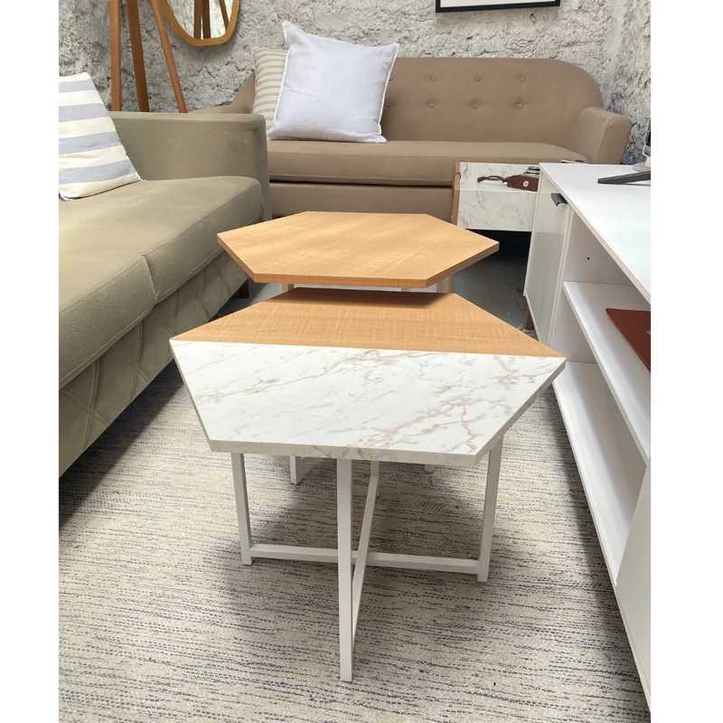 Mesa de Centro Idea (Marrón Claro/Mármol Blanco y Hierro Blanco) - Mesas de living, Uruguay | Berna home, vista 3