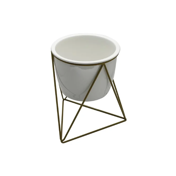 MACETA CERAMICA RED. C/BASE D14x18CM BLANCO/DORADO en Blanco - Macetas, Uruguay | Koz