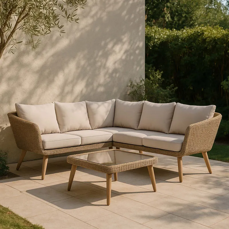 Set Esquinero Exterior Rattan-y-madera Natural-beige Toulouse en Madera natural - Muebles para el exterior, Uruguay | Divino
