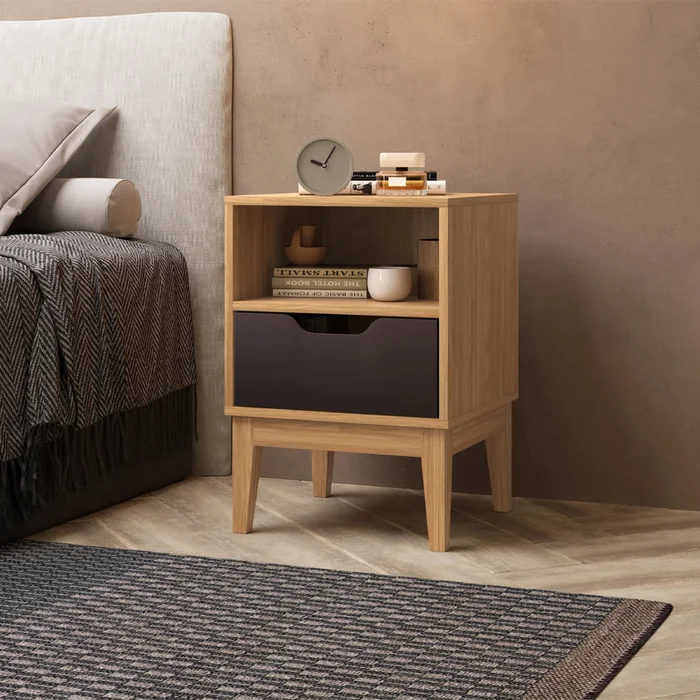 Mesa De Luz Alta 1 Cajon Con Estan Y Patas 100% Mdp en Madera natural - Mesas de luz, Uruguay | Soy Hogar, vista 2