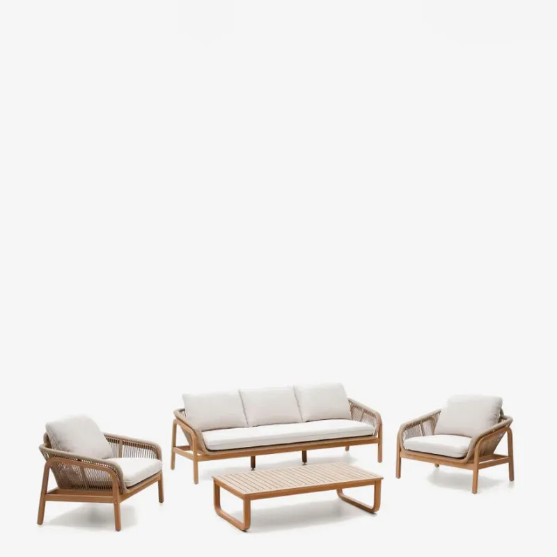 Set Vellana sofá 3 plazas, 2 sillones y mesa centro madera maciza acacia FSC 100% cuerda b en Beige, Blanco, Natural - Sillones y sofás, Uruguay | Kavehome