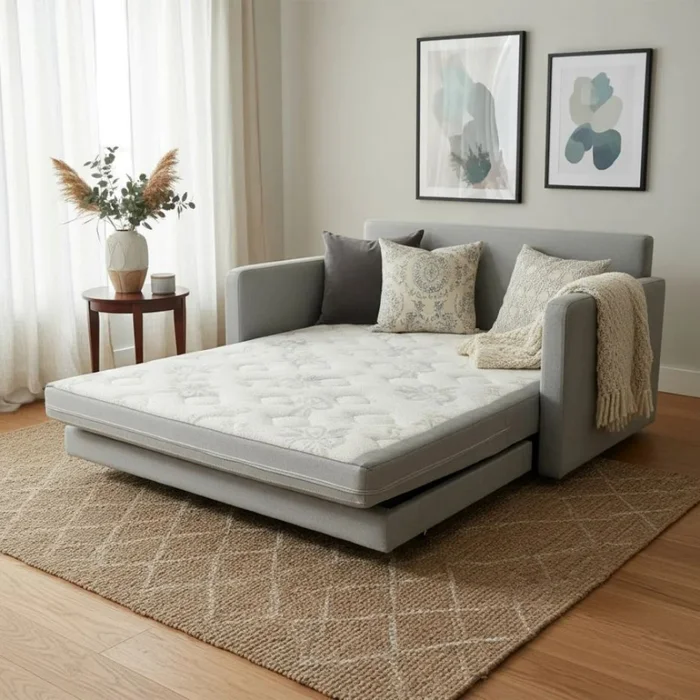 SOFA CAMA 1.46 MTS - PARRILLA EXTENSIBLE TELA GRIS - ALMOHADONES TELA CLARA en Gris - Sillones y sofás, Uruguay | Champagne Home, vista 2