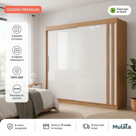 Ropero Seúl Premium – 2 Puertas Corredizas 100% MDF Freijó/Off White en Off-white - Roperos y placares, Uruguay | Mulata
