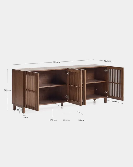 Aparador Beyla 4 puertas de chapa y madera maciza de fresno con acabado tono nogal 180 x 71,5 cm en Marrón - Aparadores y recibidores, Uruguay | Kavehome, vista 8