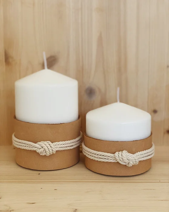 Velones náuticos crudo con cuero y macramé – Set x2 en Blanco - Velas y Portavelas, Uruguay | Dreams On Time