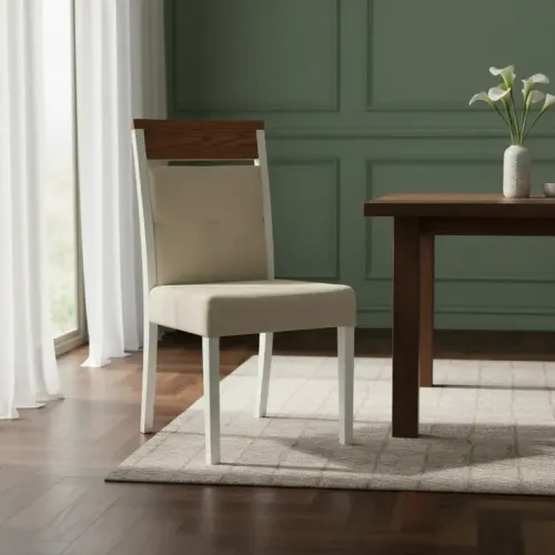 Silla tapizada en tela beige, patas en color blanco - PRODUCTO CON PEQUEÑOS DETALLES. en Madera natural - Sillas, Uruguay | Champagne Home