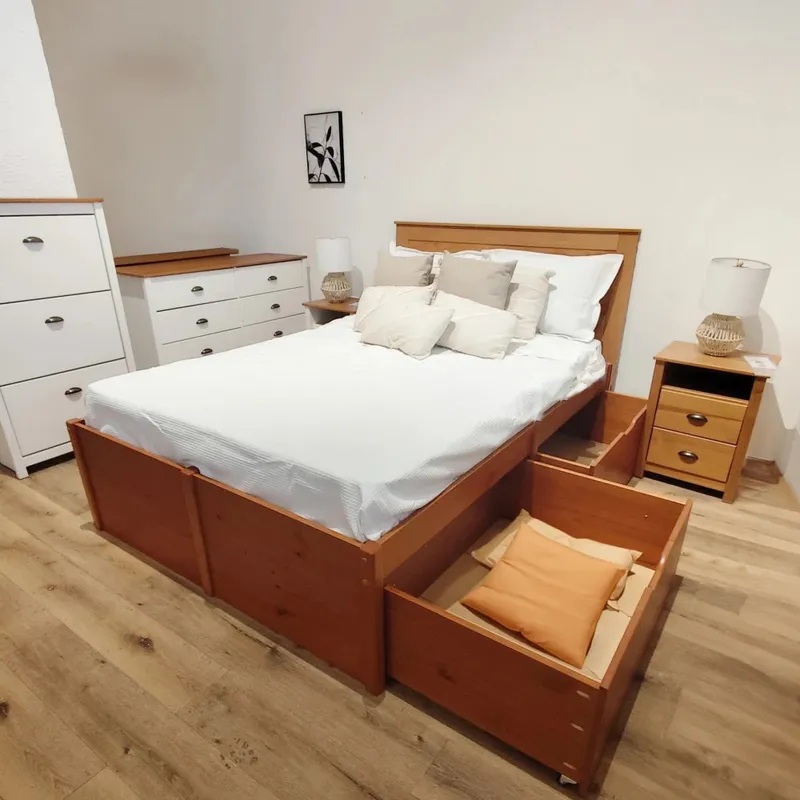 Cama Madera Maciza Con Cajones - Queen - Línea beauty - Amendoa - Dormitorio, Uruguay | Ecowood
