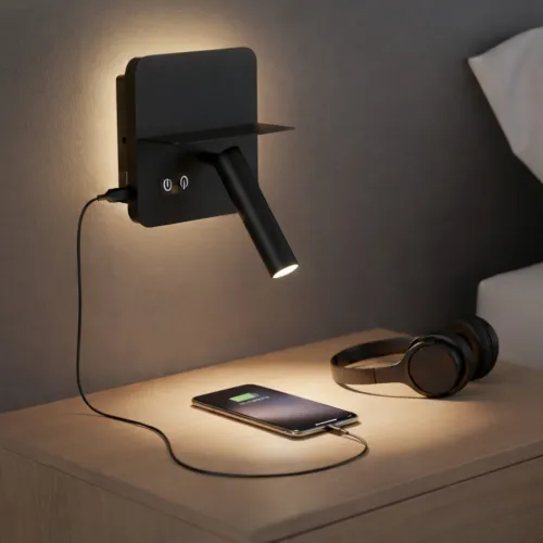 Portátil led de pared con SPOT, USB y DOBLE LUZ DIM 2700K - NEGRA en Negro - Lámparas de mesa, Uruguay | Iluminica
