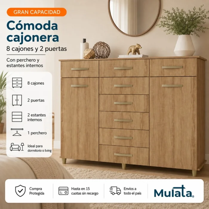 Comoda Cajonera de 8 cajones 2 puertas 1 perchero y 2 estantes internos para Dormitorio o Living - FE - Miel en Marrón - Cómodas, Uruguay | Mulata, vista 2