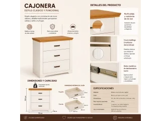 Comoda en madera maciza 3 cajones en Blanco - Cómodas, Uruguay | Quesal, vista 5
