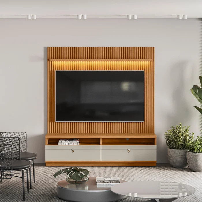 Rack con Panel Ouro Preto Listones de madera y Led 180cm MDF/MDP en Madera natural - Muebles para TV, Uruguay | Balton, vista 2