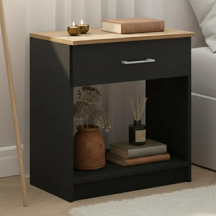 Mesa de Luz Italia - 1 Cajón y Nicho - MDP y ABS - 55cm Alto - Negro / Miel en Negro - Respaldos de cama, Uruguay | Mulata, vista 2
