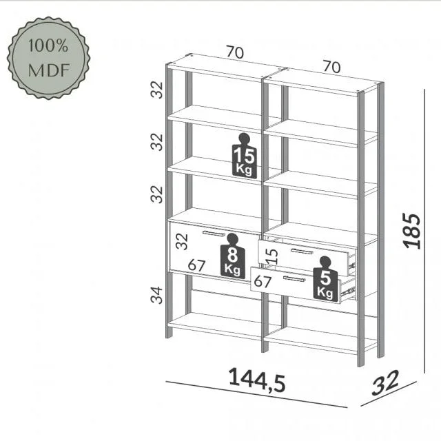 Estanteria Mela 2 Modulos 100% MDF - Linea Factory en Madera natural - Bibliotecas, Uruguay | Balton, vista 5