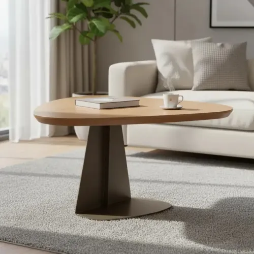 Mesita De Centro de 3 lados tapa madera clara base en hierro color chocolate suave - Mesas de living, Uruguay | Champagne Home