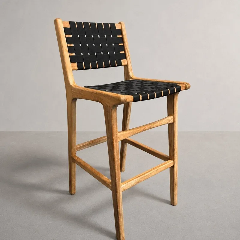 Banqueta en madera teca y cincha náutica negra en Madera natural - Butacas, banquetas y puffs, Uruguay | Entrecasa