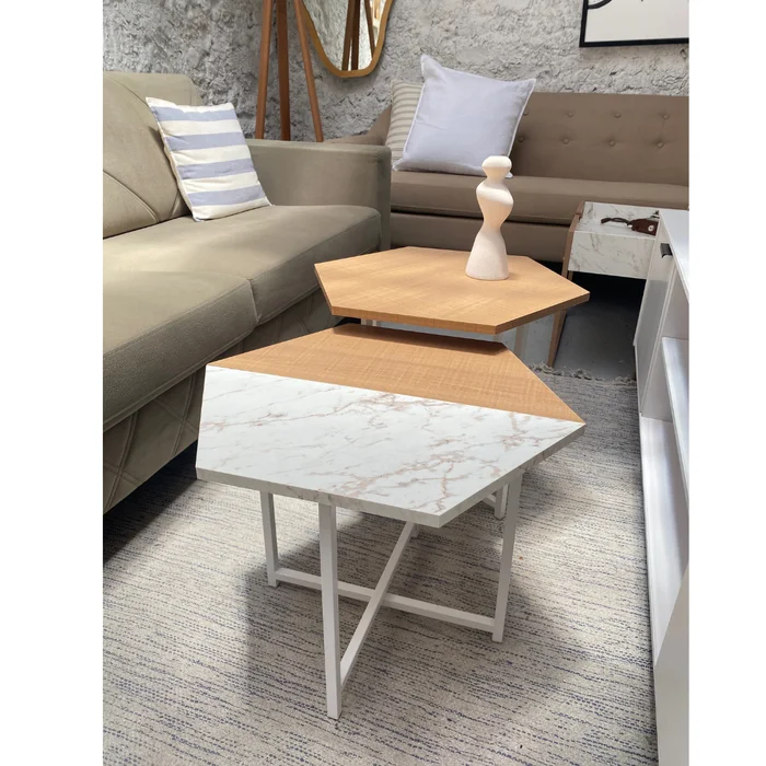 Mesa de Centro Idea (Marrón Claro/Mármol Blanco y Hierro Blanco) - Mesas de living, Uruguay | Berna home, vista 2