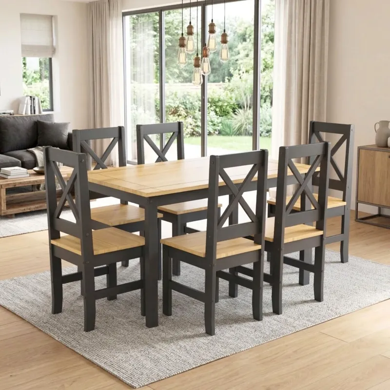 Juego de comedor 6 sillas - Madera maciza - Cruceta - Negro en Negro - Mesas de comedor, Uruguay | Rústico Hogar