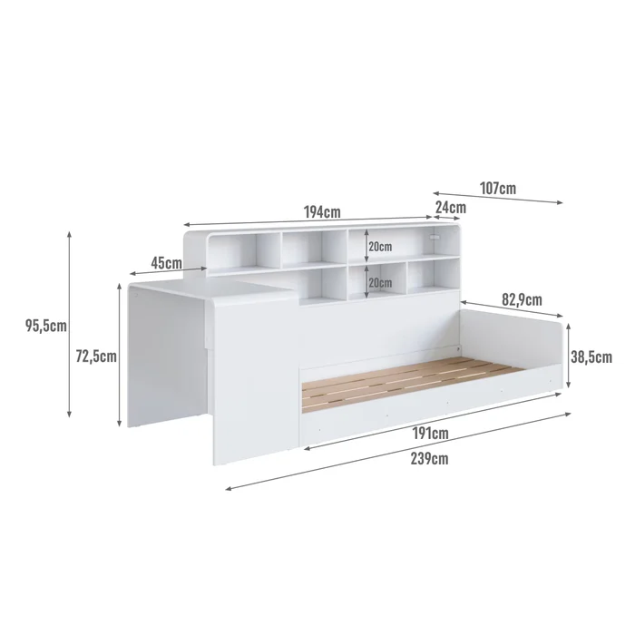 Cama Dafne – Con Escritorio y Estantería en Blanco - Dormitorio, Uruguay | RM Muebles y Deco, vista 4
