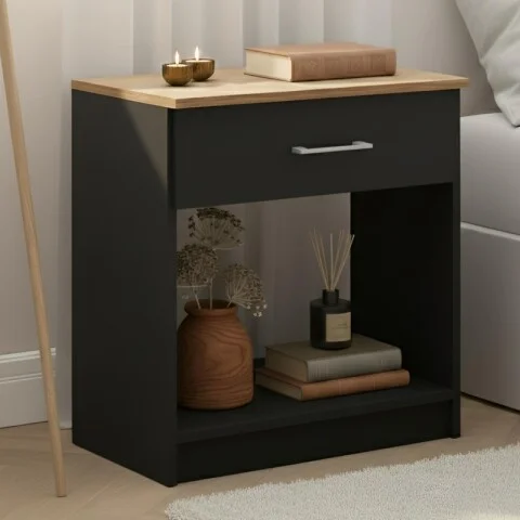 Mesa de Luz Italia - 1 Cajón y Nicho - MDP y ABS - 55cm Alto - Negro / Miel en Negro - Respaldos de cama, Uruguay | Mulata