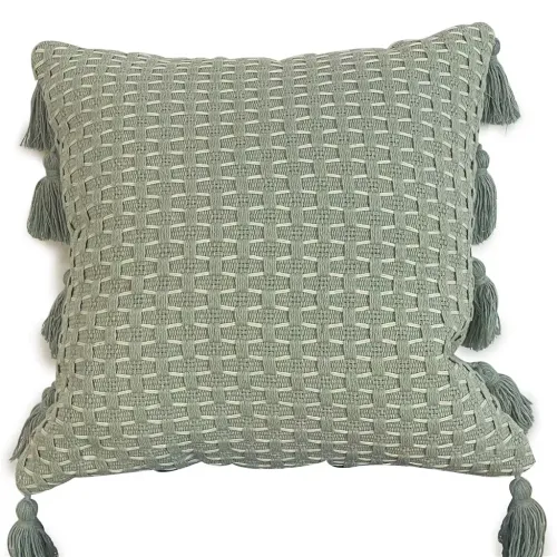 Almohadón Tejido con borlas - Celeste en Celeste - Textiles, Uruguay | Concetto Casa