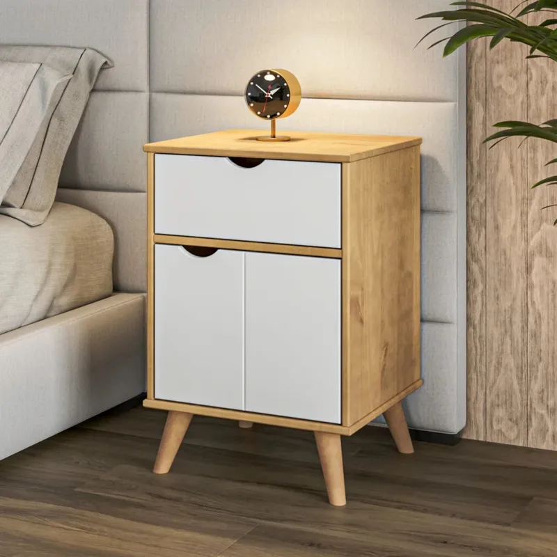 Mesa de luz 1 Cajón 1 Puerta - Linea Berlín - Blanco en Madera natural - Mesas de luz, Uruguay | Ecowood